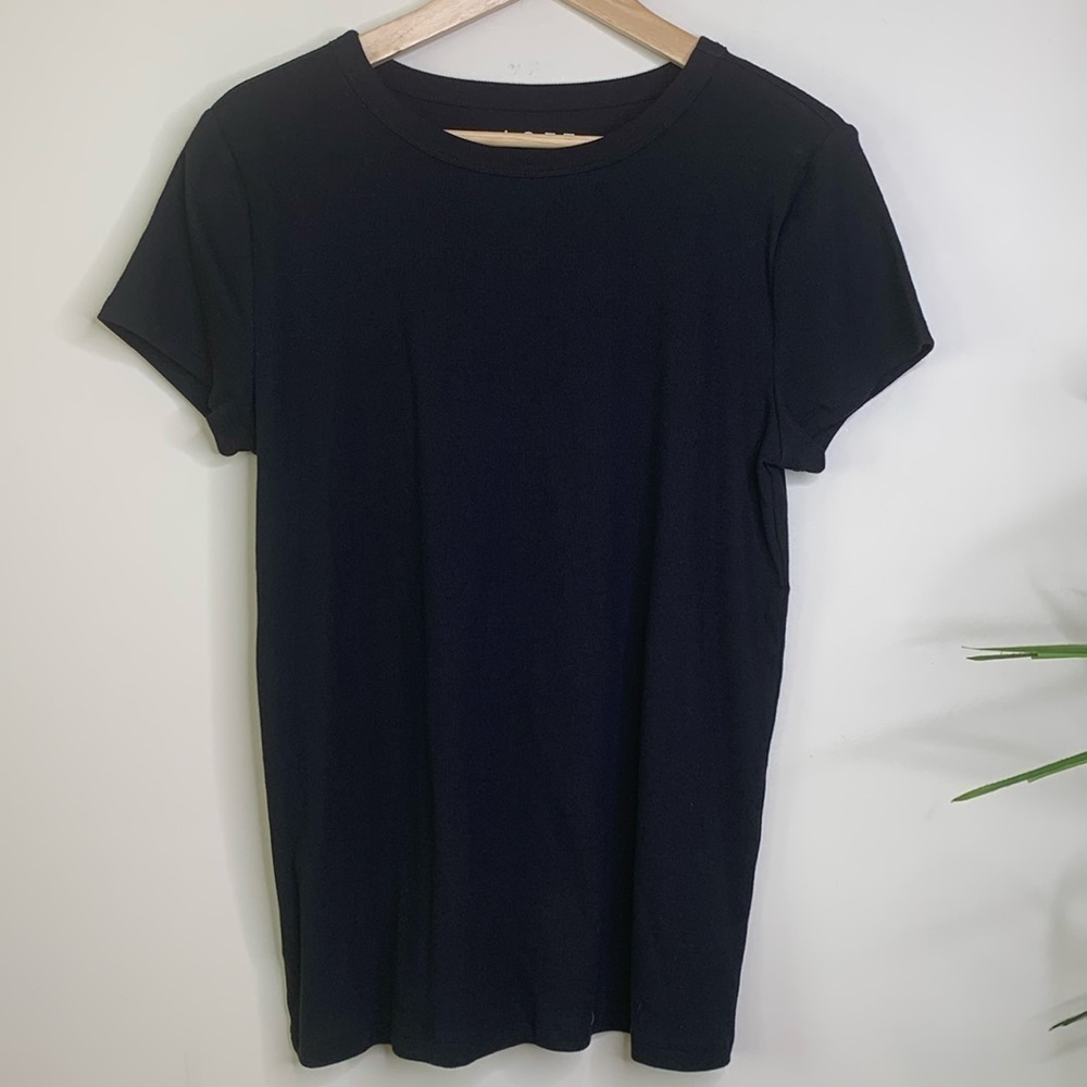 Loft | Ribbed Black Cotton Blend Short Sleeve Stretch Tee Shirt XL